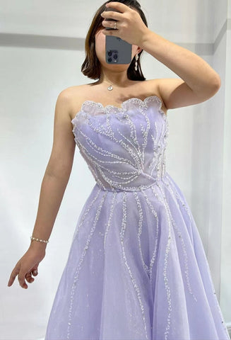 A-Line Strapless Sleeveless Tulle Prom Dress With Sequins Beads