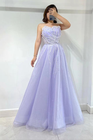 A-Line Strapless Sleeveless Tulle Prom Dress With Sequins Beads