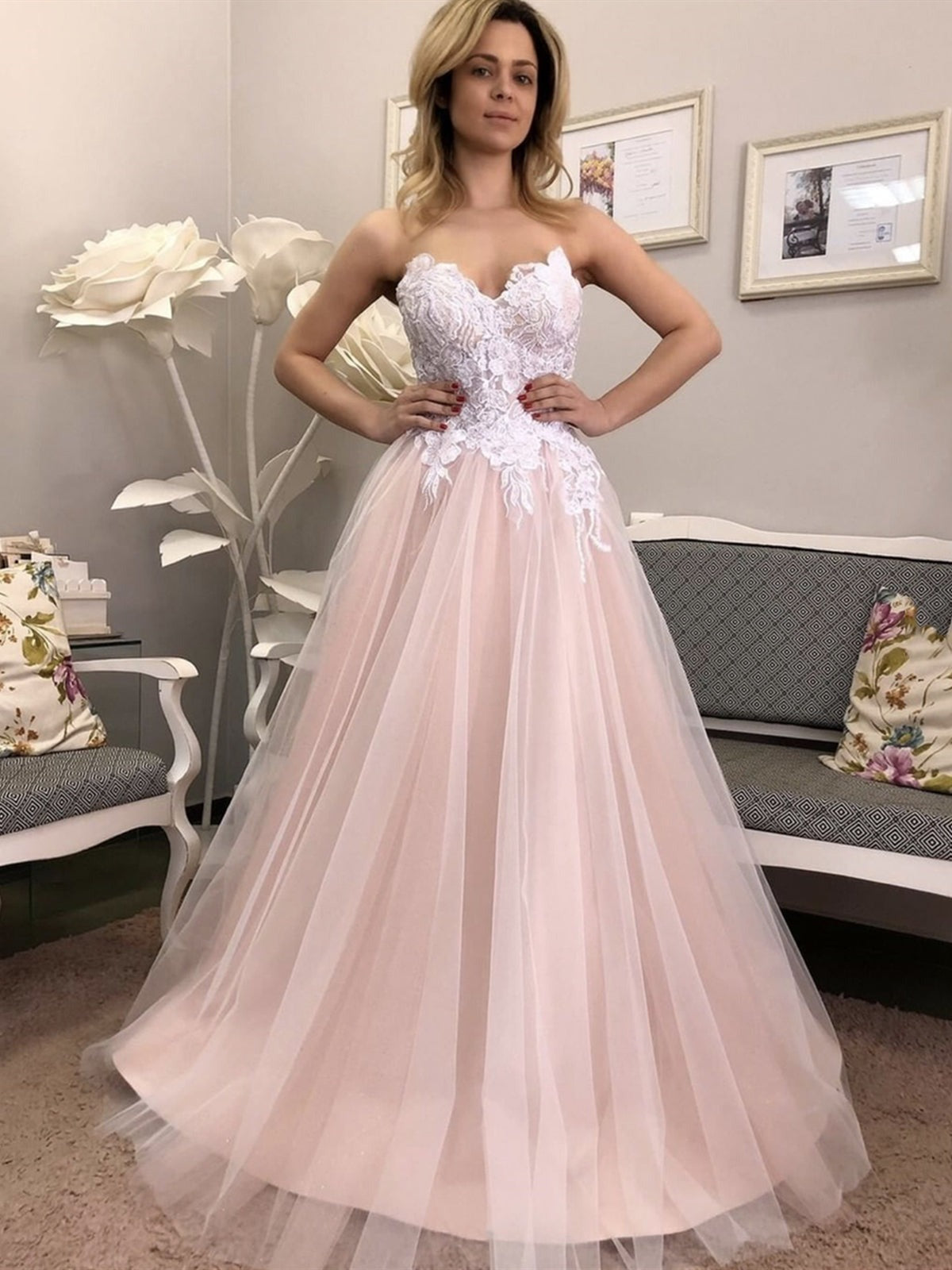 Strapless Lace V Neck Floral Long Prom, Formal Evening Dresses