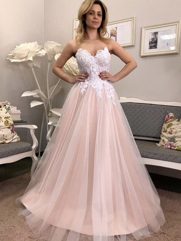 Strapless Lace V Neck Floral Long Prom, Formal Evening Dresses