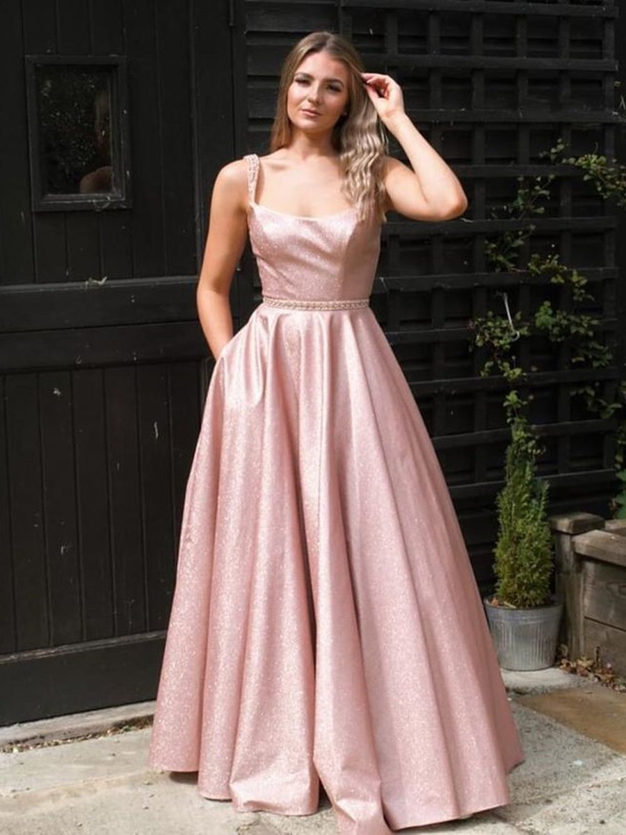 A Line Open Back V Neck Satin Beaded Long Prom,  Formal Graduation Evening Dresses