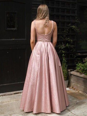 A Line Open Back V Neck Satin Beaded Long Prom,  Formal Graduation Evening Dresses