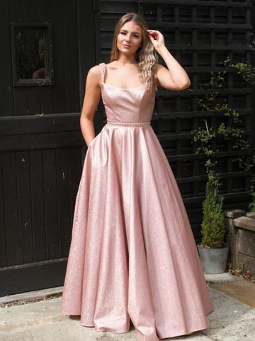 A Line Open Back V Neck Satin Beaded Long Prom,  Formal Graduation Evening Dresses