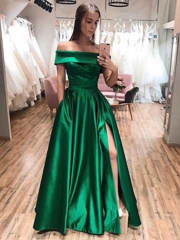 Stylish Off Shoulder Long Prom with Side Slit, Formal Graduation Evening Dresses