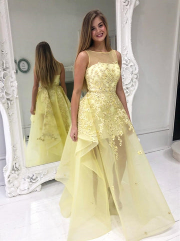 Stylish Round Neck Lace Floral Prom,Formal Graduation Evening Dresses
