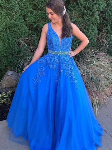 Stylish Backless V Neck Lace Long Prom with Belt, Formal, Evening Dresses