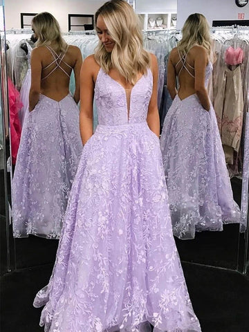 Stylish  Backless V Neck Lace Appliques Prom , Formal Graduation Evening Dresses