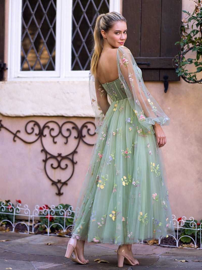 Tea-Length Embroidery Sweetheart  Tulle Puff Sleeves Floral Corset Prom Dress