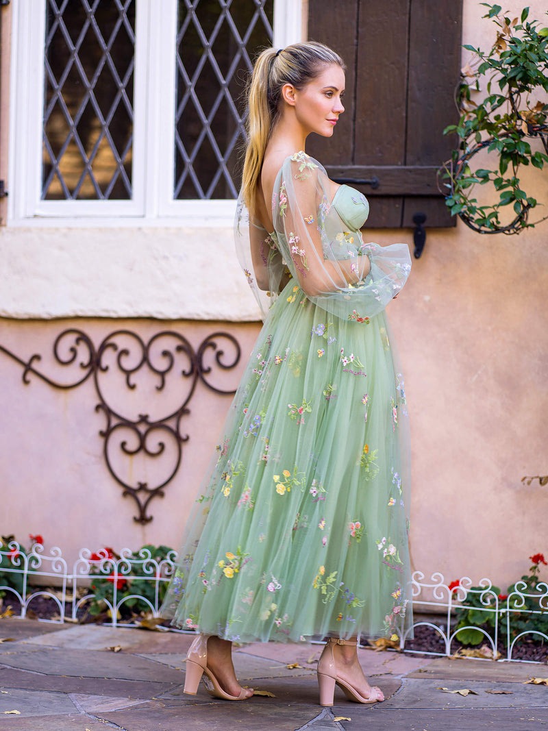 Tea-Length Embroidery Sweetheart  Tulle Puff Sleeves Floral Corset Prom Dress