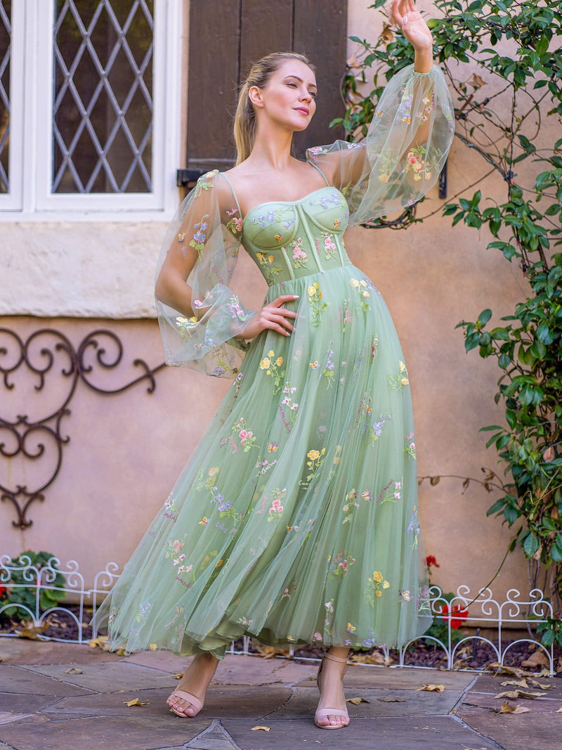 Tea-Length Embroidery Sweetheart  Tulle Puff Sleeves Floral Corset Prom Dress