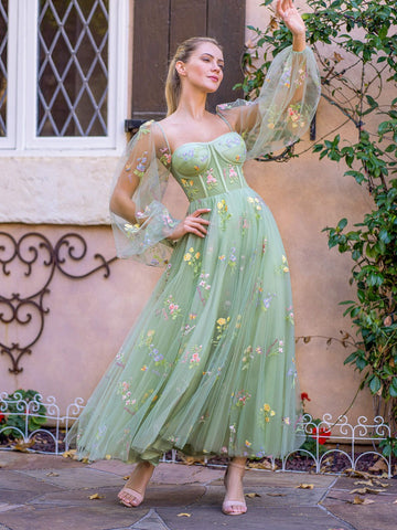 Tea-Length Embroidery Sweetheart  Tulle Puff Sleeves Floral Corset Prom Dress