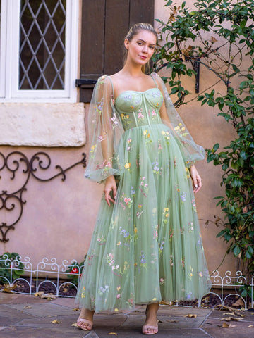 Tea-Length Embroidery Sweetheart  Tulle Puff Sleeves Floral Corset Prom Dress