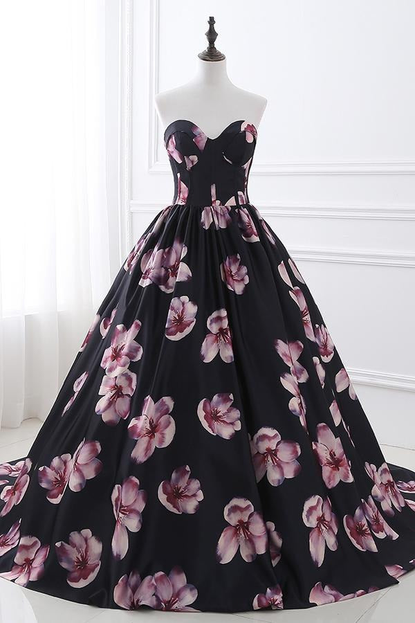 Sweetheart Long Ball Gown Satin Floral Prom Dress