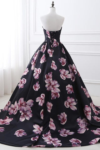 Sweetheart Long Ball Gown Satin Floral Prom Dress