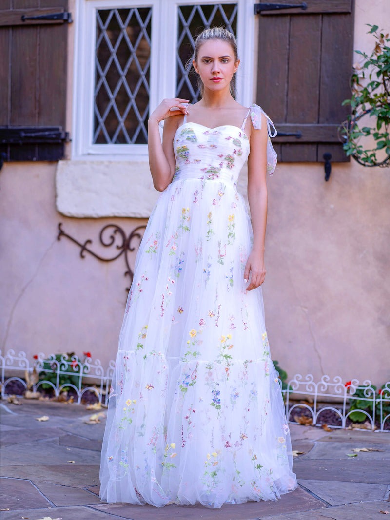Tulle Sweetheart Neck Floor Length  Embroidery Floral Prom Dress