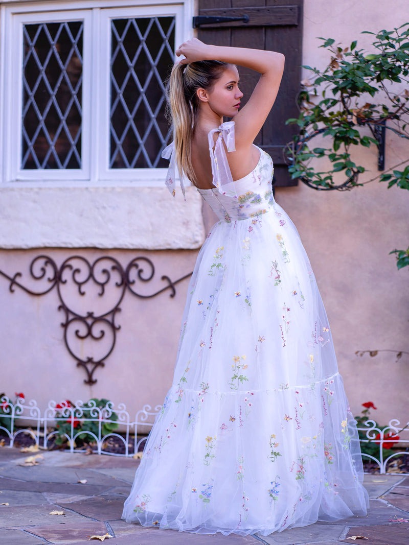 Tulle Sweetheart Neck Floor Length  Embroidery Floral Prom Dress