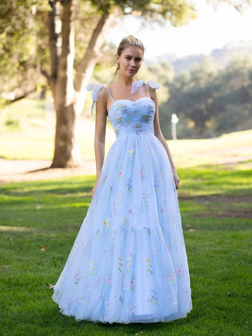 Tulle Sweetheart Neck Floor Length  Embroidery Floral Prom Dress
