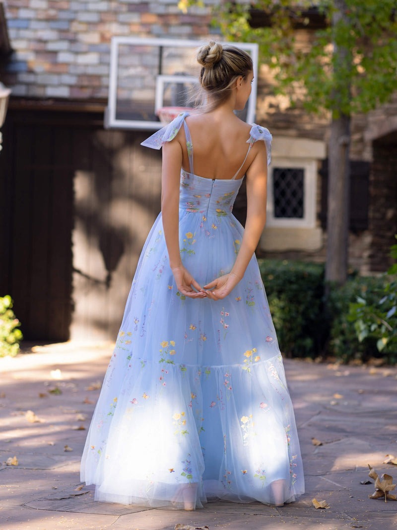 Tulle Sweetheart Neck Floor Length  Embroidery Floral Prom Dress