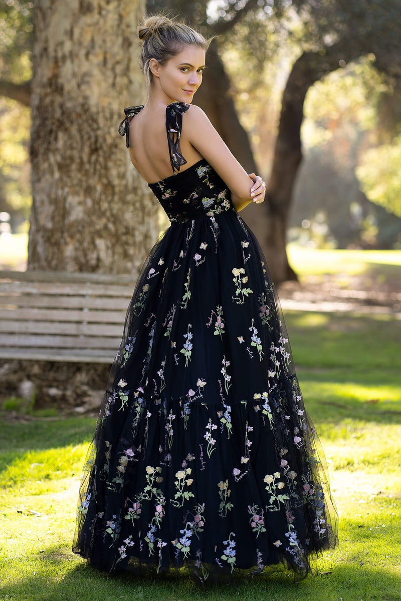 Tulle Sweetheart Neck Floor Length  Embroidery Floral Prom Dress