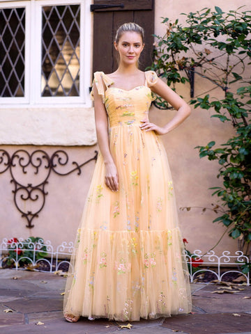 Tulle Sweetheart Neck Floor Length  Embroidery Floral Prom Dress
