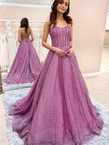 Sweetheart Neck Open Back Tulle Long Prom Dresses, Formal Evening Dresses
