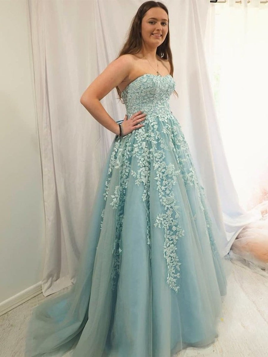 Sweetheart Neck Strapless  Lace Long Prom, Formal Graduation Evening Dresses