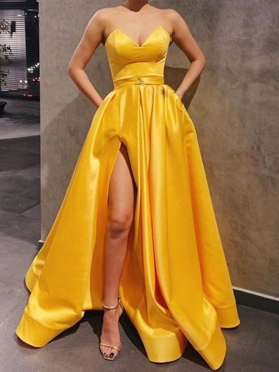 Sweetheart Neck Strapless  Satin Long Prom, Formal Graduation Evening Dresses