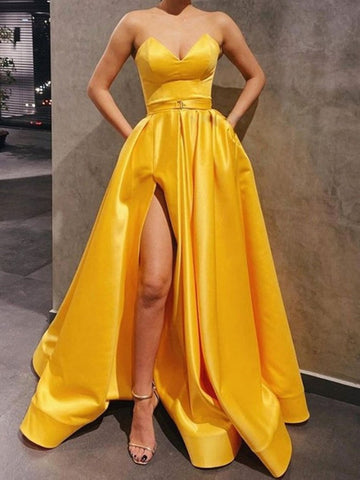 Sweetheart Neck Strapless  Satin Long Prom, Formal Graduation Evening Dresses