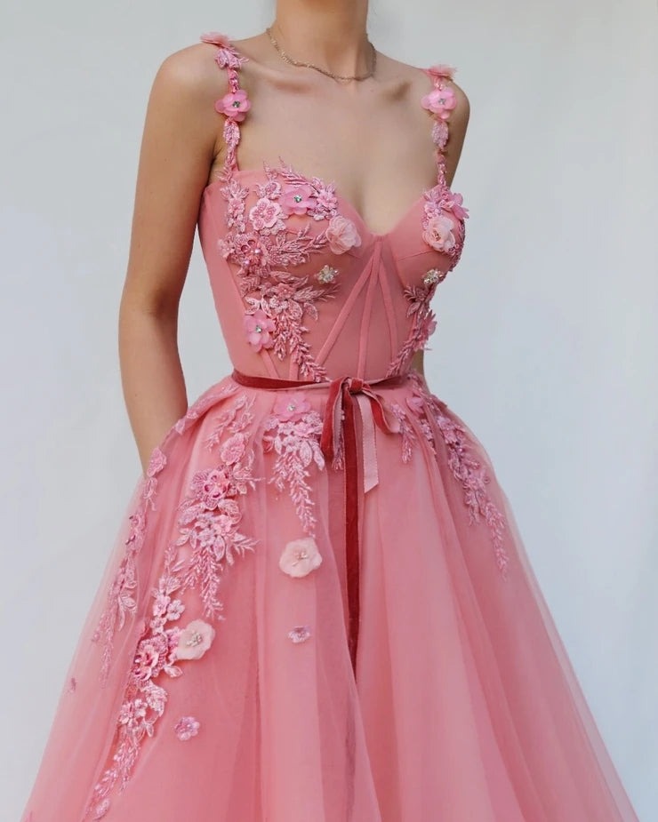 Sweetheart Long Tulle  Floral Prom Dress ,Party Dress