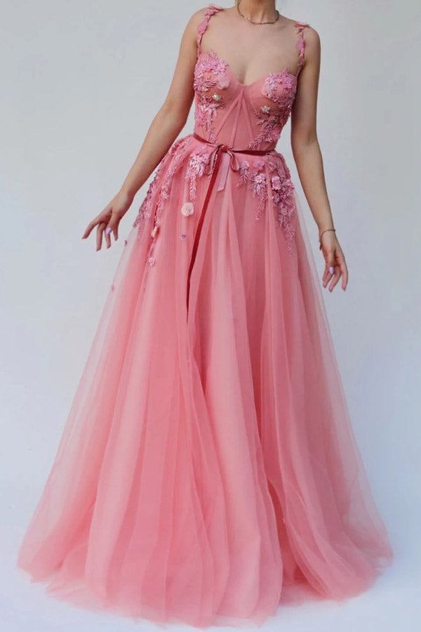 Sweetheart Long Tulle  Floral Prom Dress ,Party Dress