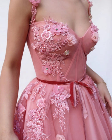 Sweetheart Long Tulle  Floral Prom Dress ,Party Dress