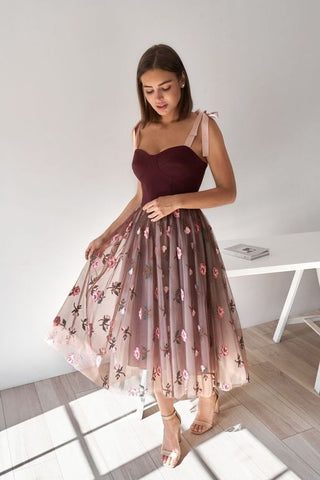 Tulle Tea Length  Prom Dresses Floral Skirt Party Dresses