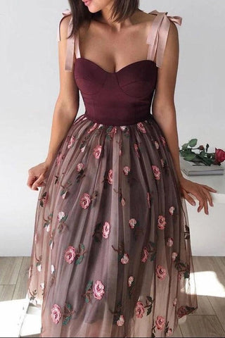 Tulle Tea Length  Prom Dresses Floral Skirt Party Dresses