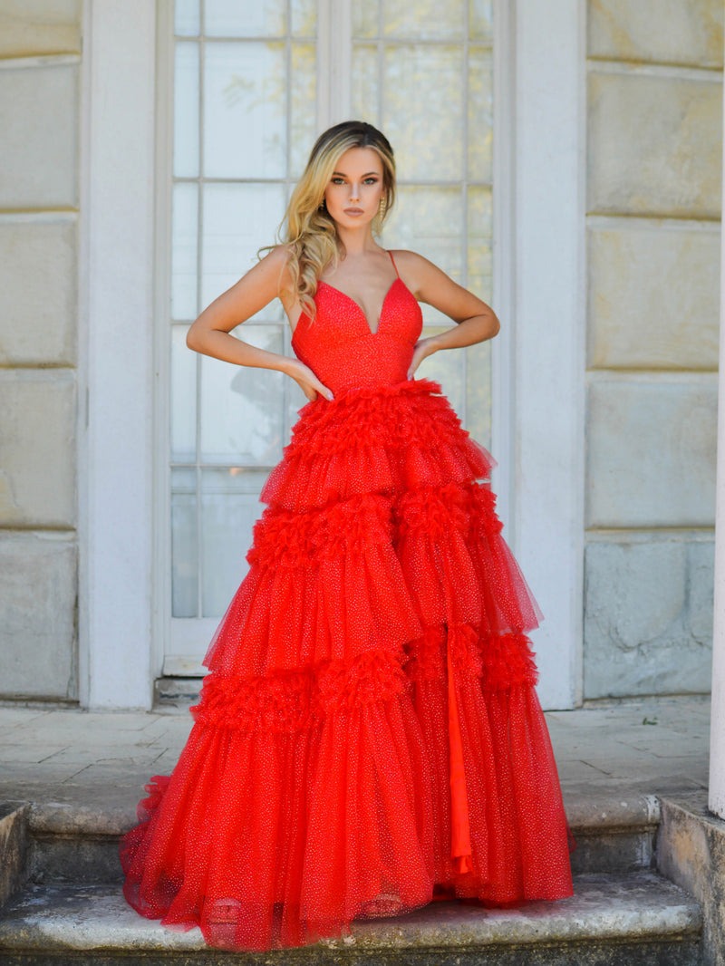 V Neck Spaghetti Straps Tulle Deep  Long Prom Dress