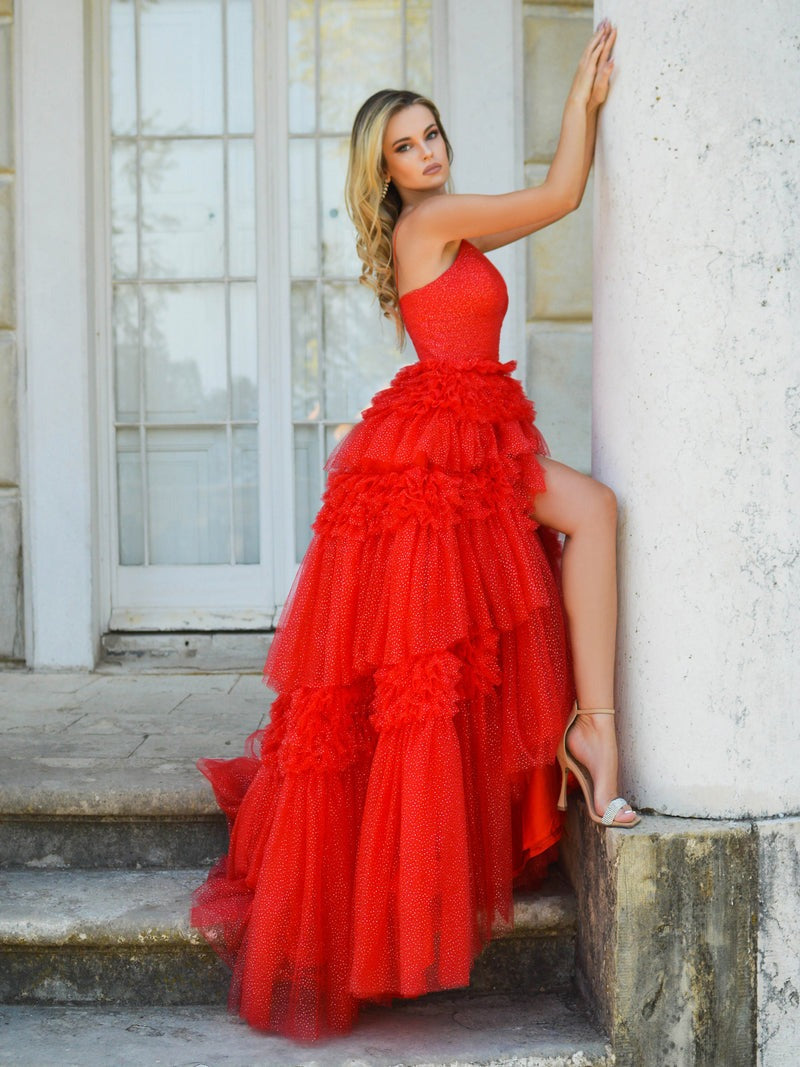 V Neck Spaghetti Straps Tulle Deep  Long Prom Dress
