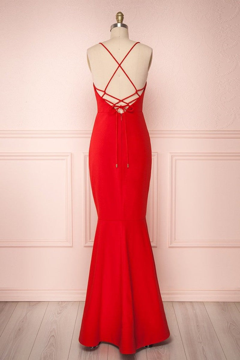 Thin Straps Backless Mermaid Red Prom Dress