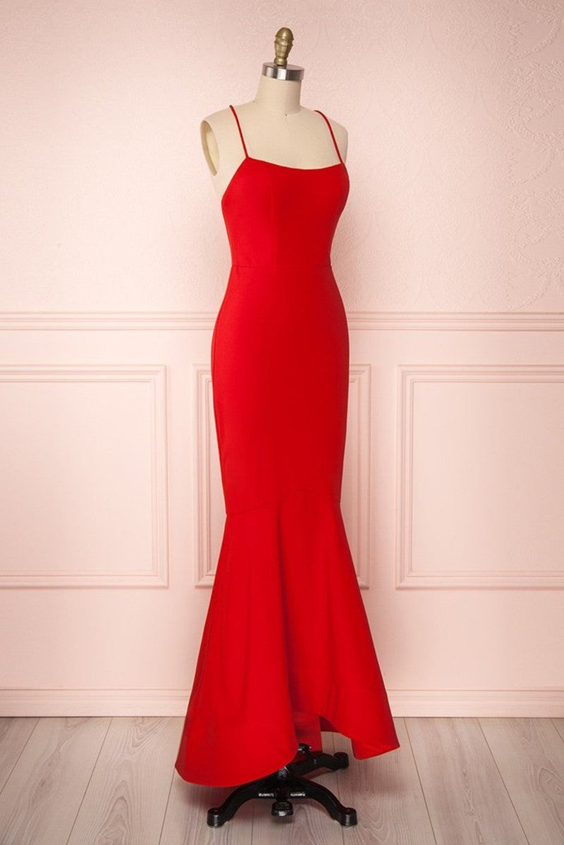 Thin Straps Backless Mermaid Red Prom Dress