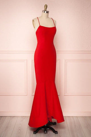 Thin Straps Backless Mermaid Red Prom Dress