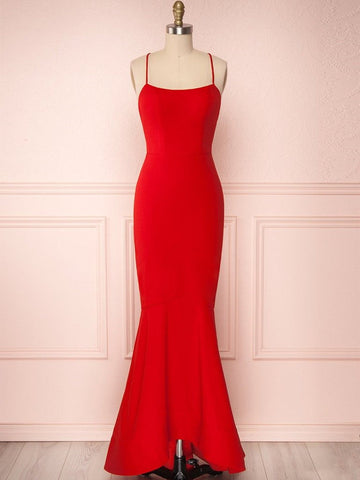 Thin Straps Backless Mermaid Red Prom Dress