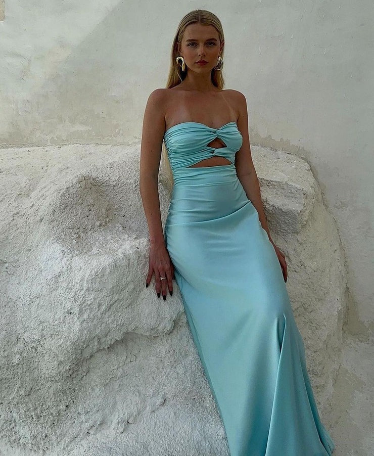 Charming Blue Sheath Strapless Tiffany Aqua Silk Satin Long Prom Dresses