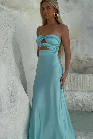 Charming Blue Sheath Strapless Tiffany Aqua Silk Satin Long Prom Dresses
