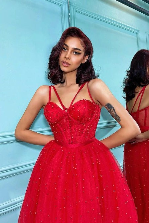Tulle Prom Dress with Spaghetti Straps and Dainty Pearls
