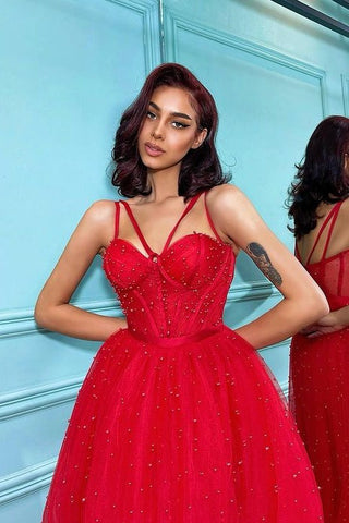 Tulle Prom Dress with Spaghetti Straps and Dainty Pearls