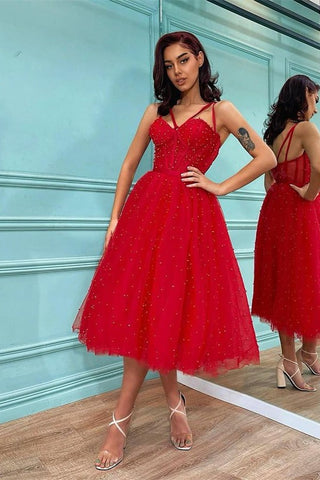 Tulle Prom Dress with Spaghetti Straps and Dainty Pearls
