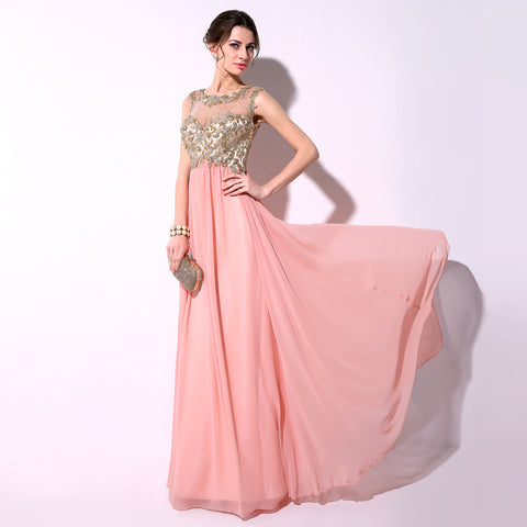 Glamorous Sheer - Neckline Pink Gown with Embroidered Bodice and Flowing Chiffon Prom Dress,TZ014