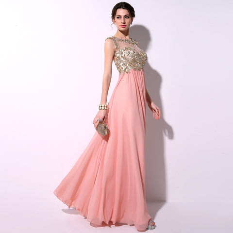 Glamorous Sheer - Neckline Pink Gown with Embroidered Bodice and Flowing Chiffon Prom Dress,TZ014