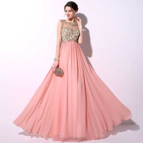 Glamorous Sheer - Neckline Pink Gown with Embroidered Bodice and Flowing Chiffon Prom Dress,TZ014