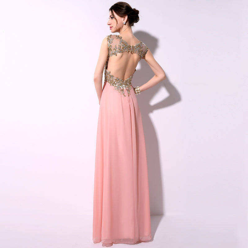 Glamorous Sheer - Neckline Pink Gown with Embroidered Bodice and Flowing Chiffon Prom Dress,TZ014