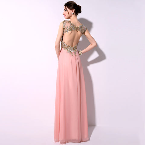 Glamorous Sheer - Neckline Pink Gown with Embroidered Bodice and Flowing Chiffon Prom Dress,TZ014