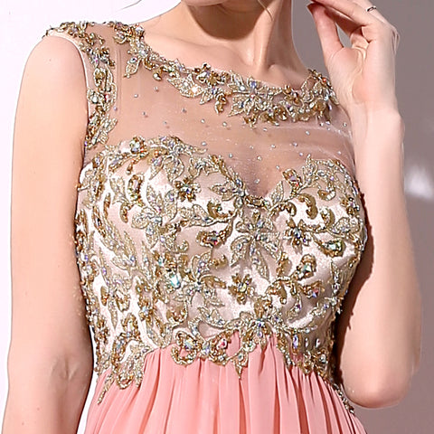Glamorous Sheer - Neckline Pink Gown with Embroidered Bodice and Flowing Chiffon Prom Dress,TZ014